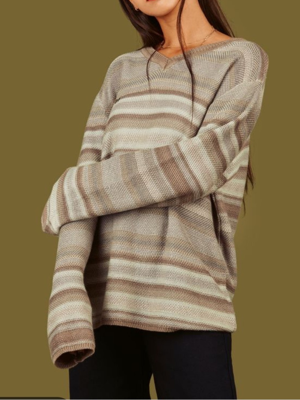 UNIF Replay Striped V-Neck Knit Sweater in Brown and Taupe Sz M